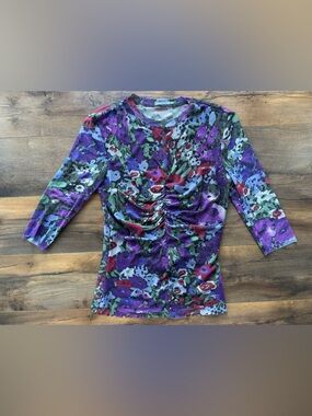 Who What Wear Floral Mesh Top Ruched Sheer Y2K Long Sleeve XS S